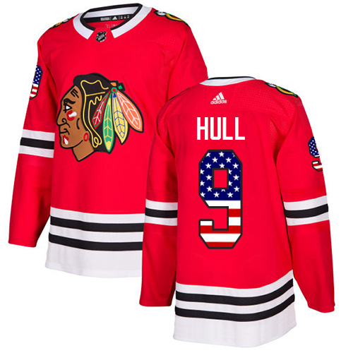 Adidas Blackhawks #9 Bobby Hull Red Home Authentic USA Flag Stitched NHL Jersey